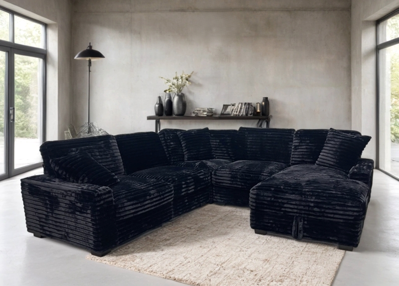 Tufted Seat Black Sectional Sofa with Track Arms L-Shaped