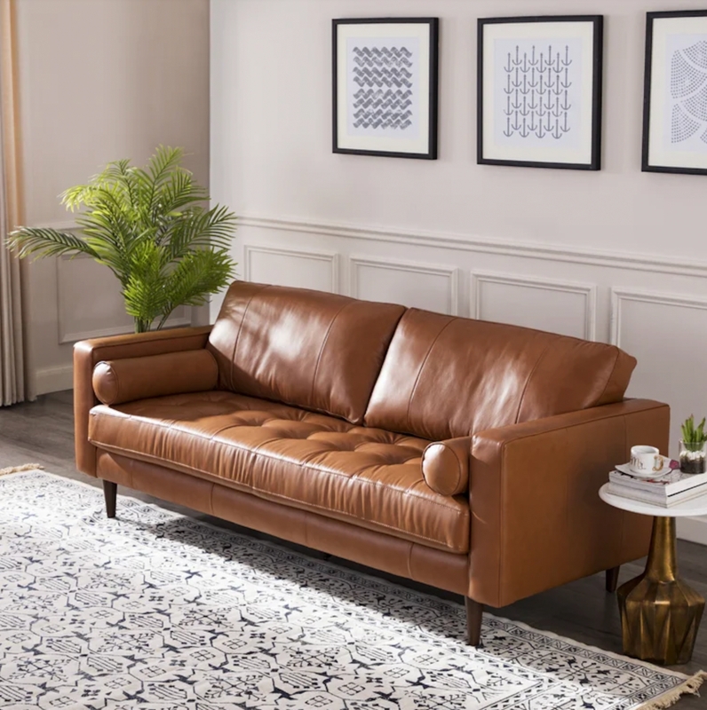 Tufted Seat Cognac Sofa Bolster Pillows Mid-Century Faux Leather