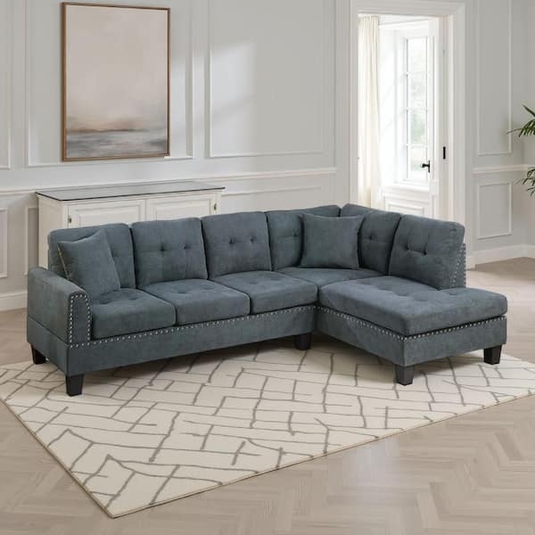 Tufted Seat Sectional Sofa in Charcoal with Round Arms