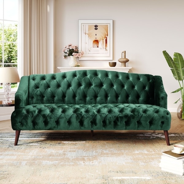 Tufted Sofa Teal Velvet Diamond Tufting Gold Capped Legs Jewel Tone