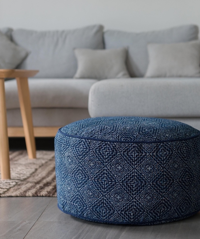Tufted Square Pouf, Royal Blue Velvet, Piped Edges, Floor Ottoman