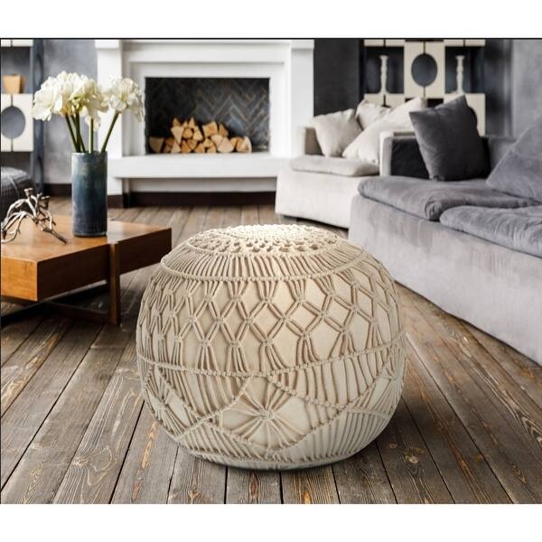 Tufted Surface Pouf Ottoman Side Handle Round Woven Boho Style