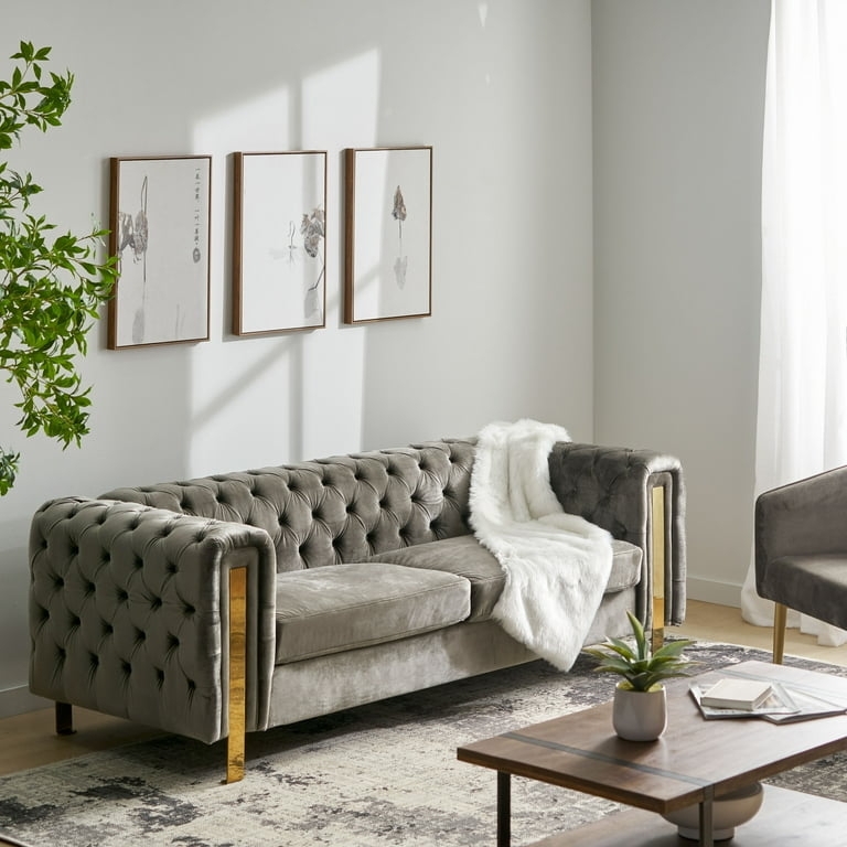 Tuxedo Sofa Diamond Tufting Gold Tapered Legs Gray Velvet Tuxedo Sofa