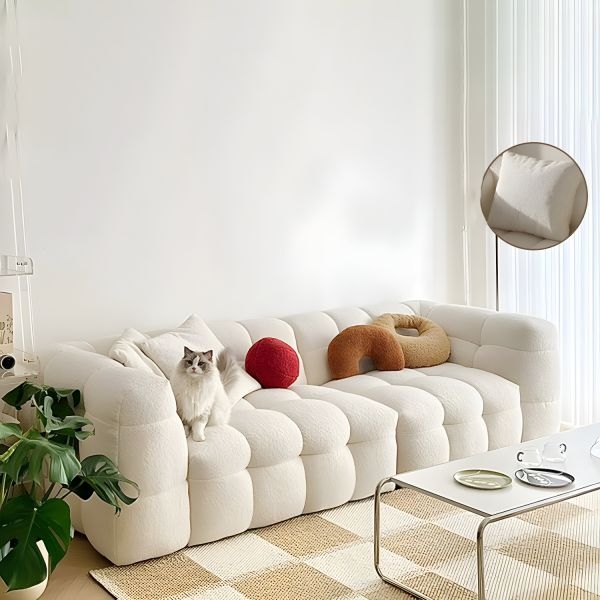 Tuxedo Sofa Off-White Sherpa-Like Biscuit Back Low Profile
