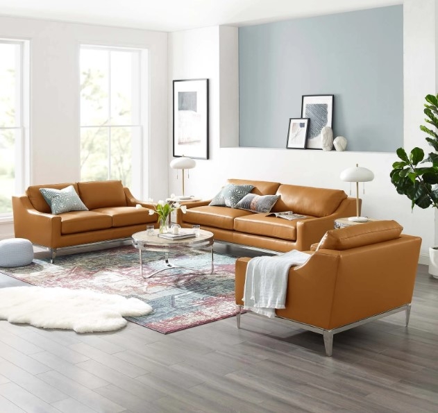 Two-Piece Set Tan Leather Sofa Loveseat Tapered Black Legs Modern