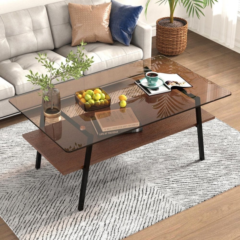 Two-Tier Coffee Table, Brown Tempered Glass Top, Black Metal Frame