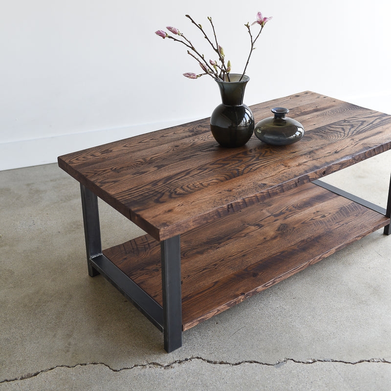 Two-Tier Coffee Table with Matte Steel Frame & Wood Top