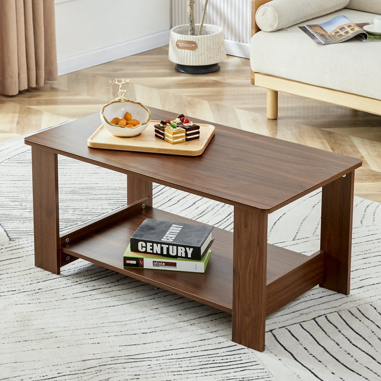 Two-Tier Walnut Coffee Table Mid-Century Modern Storage