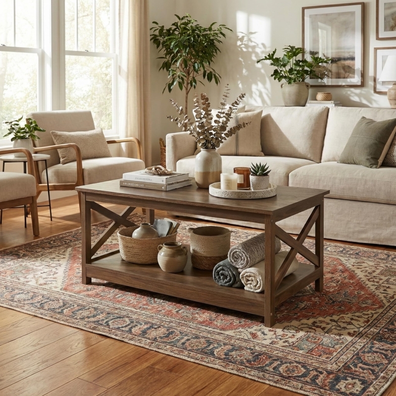 Two Tier Wood Coffee Table Dark Walnut Finish Block Legs Storage