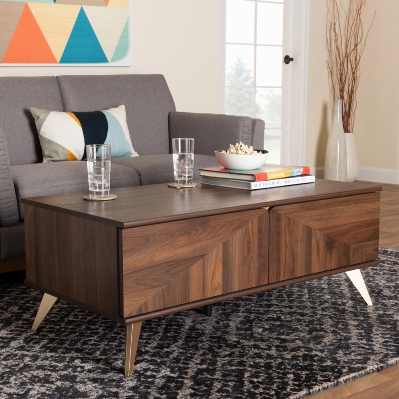 Two-Tone Coffee Table with Walnut Finish and Charcoal Drawers, Mid-Century