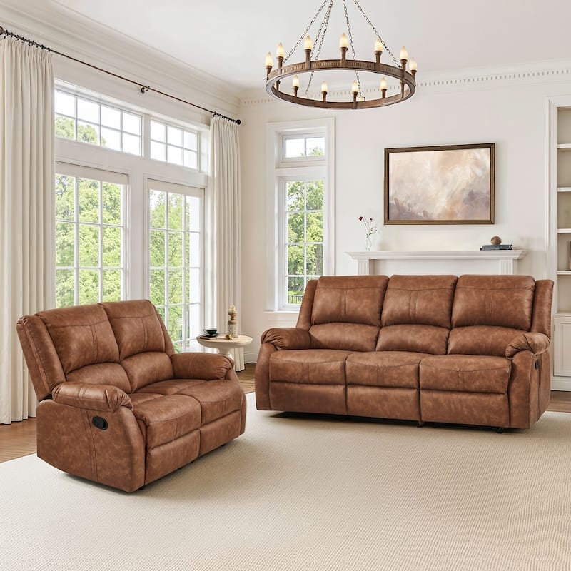 Two-Tone Dark Brown and Saddle Reclining Sofa Set with Console