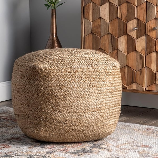 Two Tone Jute Pouf, Drum Shape Chunky Braided, Tan Brown Coastal Accent