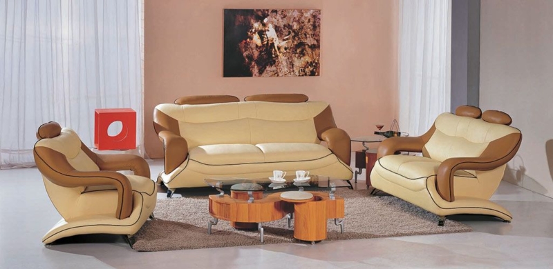 Two Tone Living Room Set Faux Leather Adjustable Headrests Chrome Legs