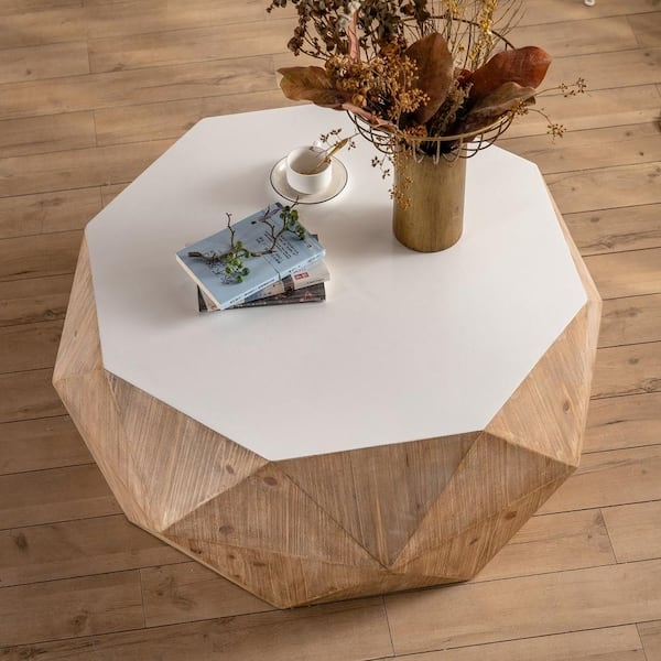 Two-Tone Octagonal Drum Coffee Table featuring Embossed Wood Base