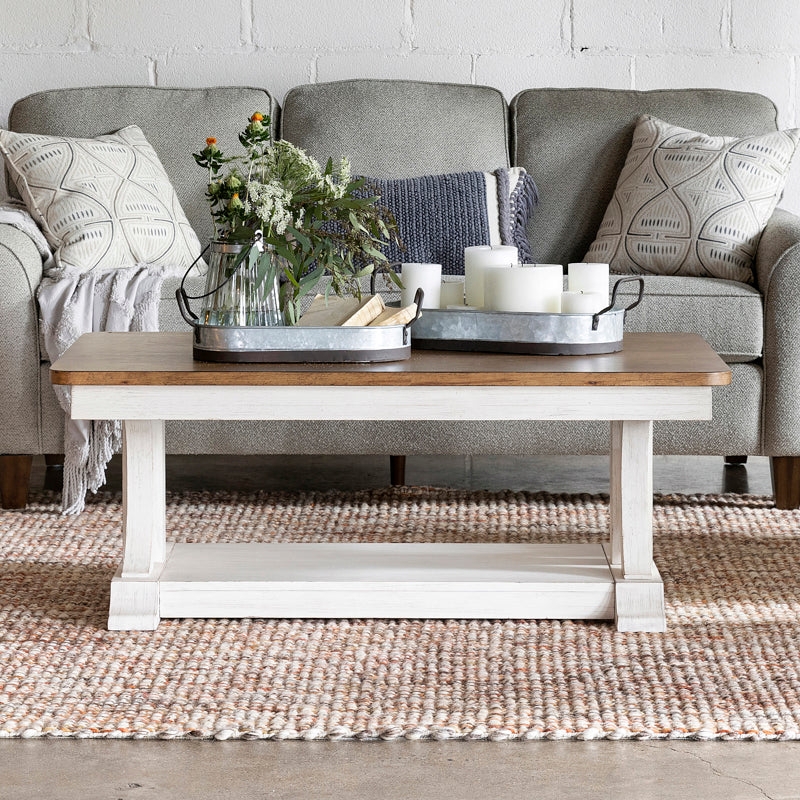 Two-Tone Rustic Cocktail Table Cream Turned Legs Storage Drawers