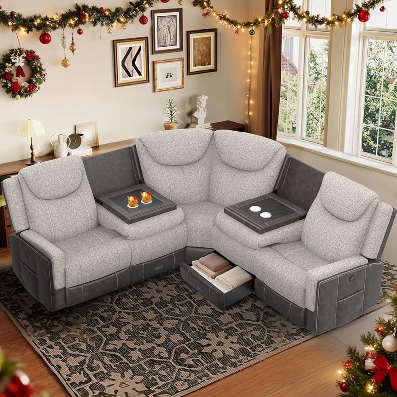 Two-Tone Sectional Sofa Grey Fabric Chocolate Leather-Like Base