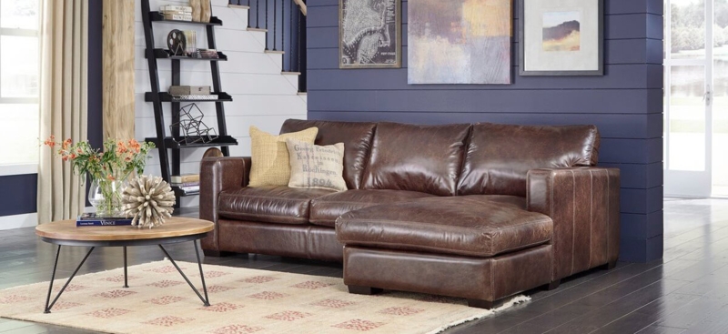 Two-Toned Sectional Sofa, Cognac and Brown with Brass Nailheads