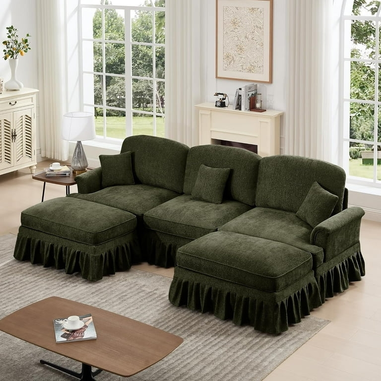 U-Shaped Forest Green Sectional Sofa with Pleated Skirt & Deep Seats