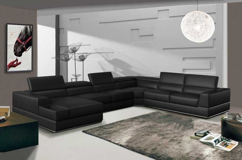 U-Shaped Leather-Like Sectional Sofa with Chaise Lounge, Metal Legs