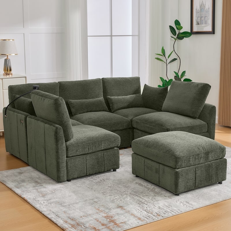 U-shaped Modular Sectional Cream Fabric with Integrated Phone Holder