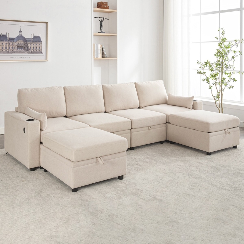 U-shaped Modular Sectional Light Grey with Square Tufting and Cup Holder