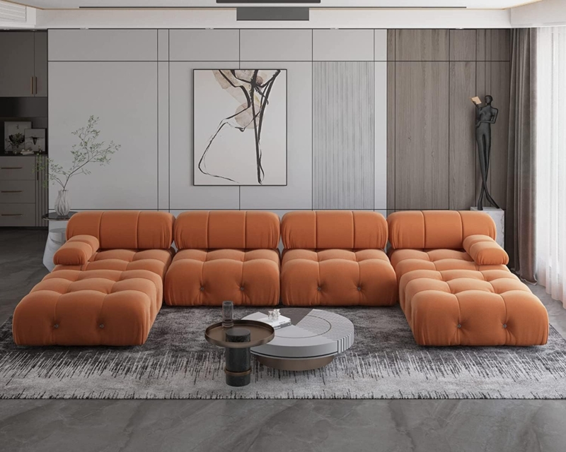 U-Shaped Modular Sectional Sofa in Burnt Orange Velvet