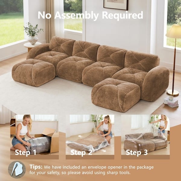 U-shaped Sectional Camel Velvet Low Profile Ottomans