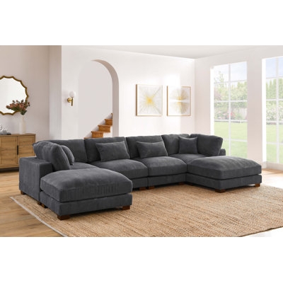 U-Shaped Sectional Charcoal Corduroy with Dual Chaise Ends