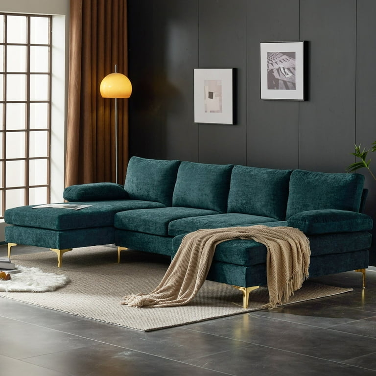 U-Shaped Sectional Double Chaise Track Arms Textured Fabric Lounge