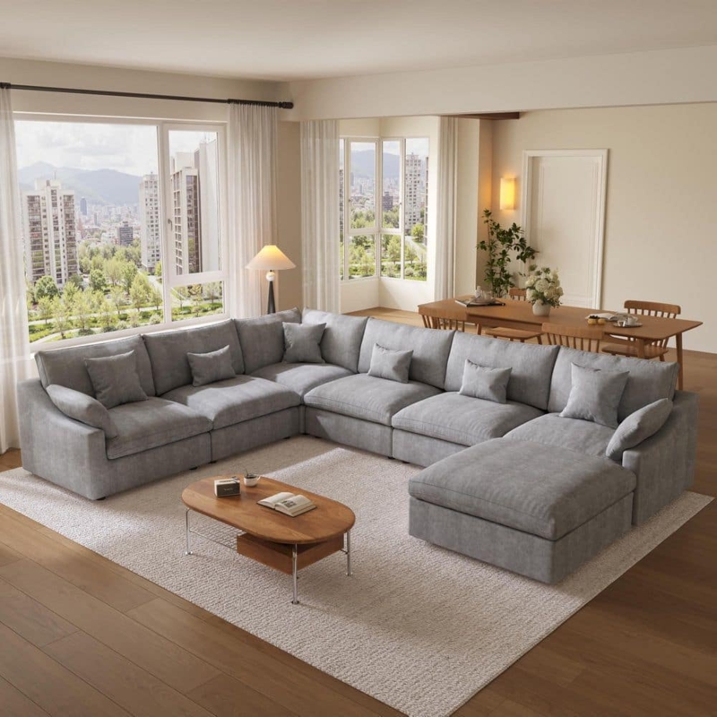 U-shaped Sectional Gray Linen-Like Modular Seating
