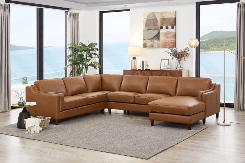 U-Shaped Sectional in Cognac Leather with Right Chaise