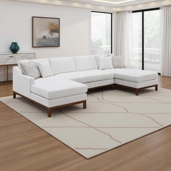 U-Shaped Sectional Ivory Chenille Fabric Block Feet Spacious Seating