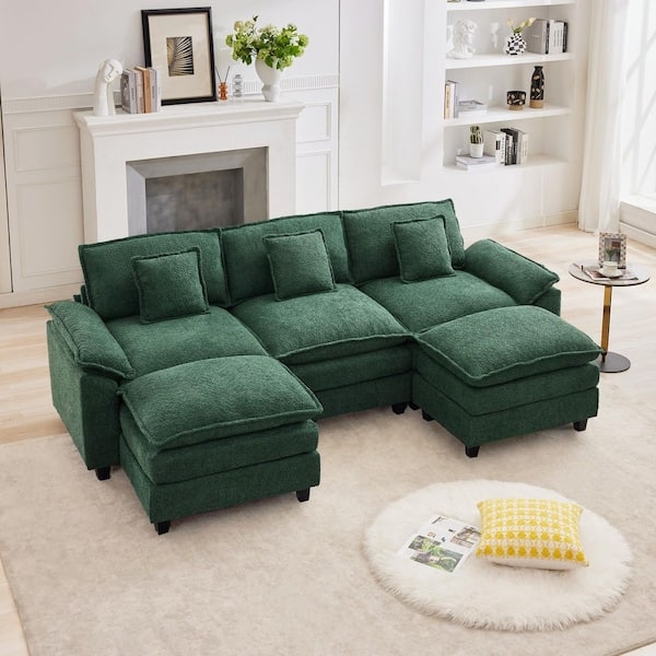 U-Shaped Sectional Sofa Avocado Green Chenille with Double Ottomans