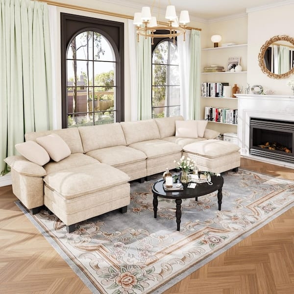 U-Shaped Sectional Sofa Beige Chenille Flared Arms Ottomans
