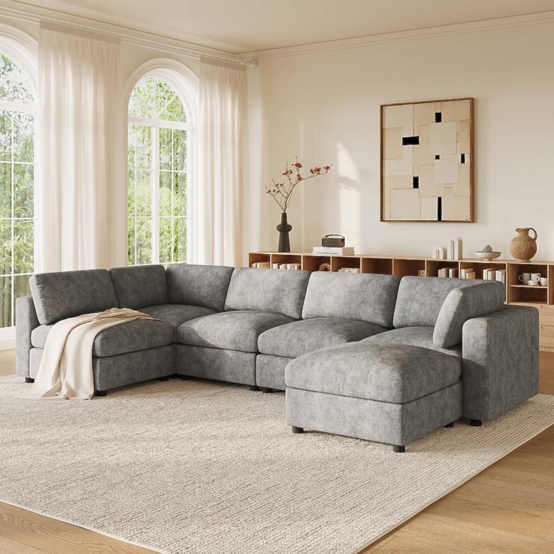 U-shaped Sectional Sofa Beige Chenille Modular Layout