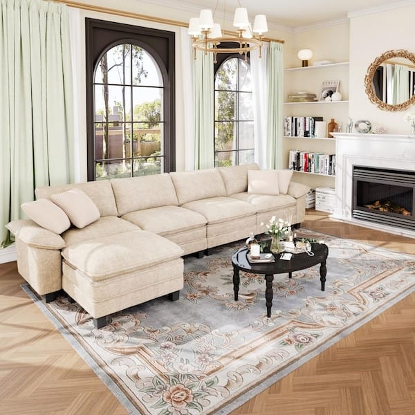 U-Shaped Sectional Sofa Beige Chenille Modular Textured Ideas