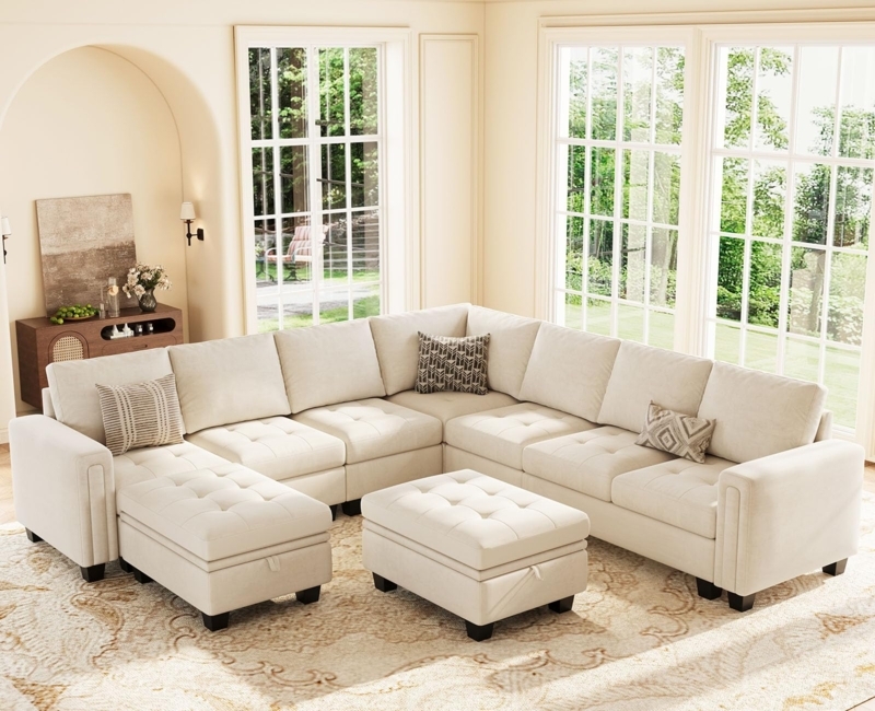 U-Shaped Sectional Sofa Beige Velvet Channeled Back Double Chaise