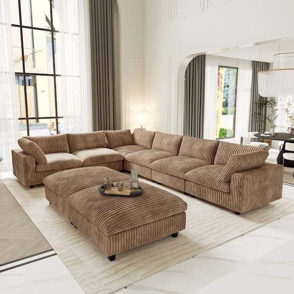 U-Shaped Sectional Sofa, Brown Velvet Like, Deep Seat Modular Design