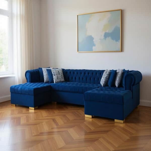 U-Shaped Sectional Sofa Channel Tufted Navy Velvet Gold Legs