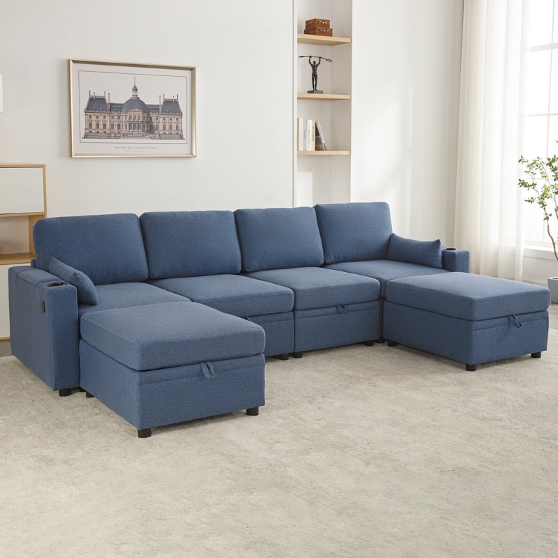 U-shaped Sectional Sofa Charcoal Gray with Double Chaise and Cup Holders