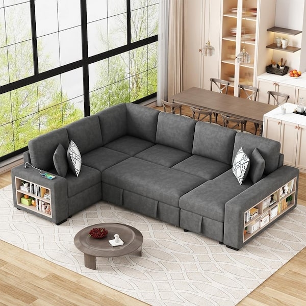 U-Shaped Sectional Sofa Chenille Sleeper with Tufted Back