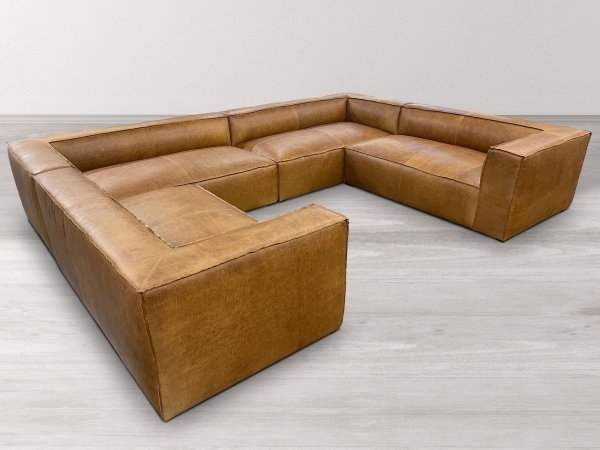 U-Shaped Sectional Sofa, Chestnut Leather-Like with Reverse Stitching