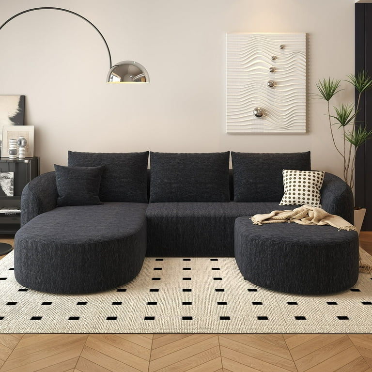 U-Shaped Sectional Sofa, Cream Bouclé Texture, Boneless Silhouette.