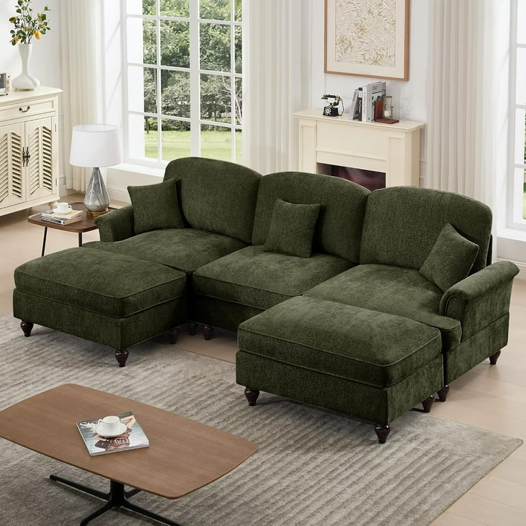 U-Shaped Sectional Sofa Green Chenille Pleated Skirt Cozy Layout