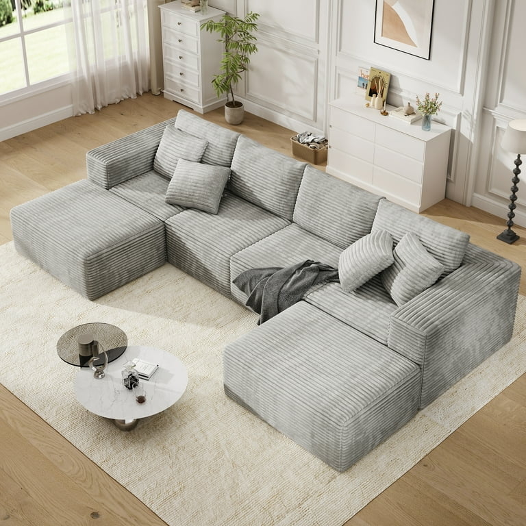 U-Shaped Sectional Sofa in Cream Corduroy, Deep Seat Layout