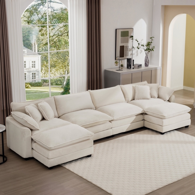 U-Shaped Sectional Sofa, Light Beige Corduroy Upholstery, Pit Layout