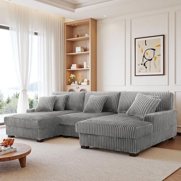 U-Shaped Sectional Sofa Light Gray Faux Fur Appearance Modular Design
