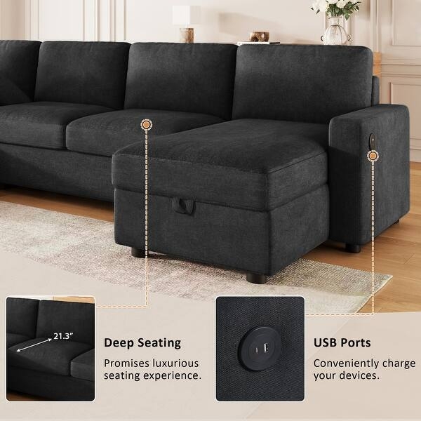 U-shaped Sectional Sofa Linen-like Modular with Blocky Silhouette
