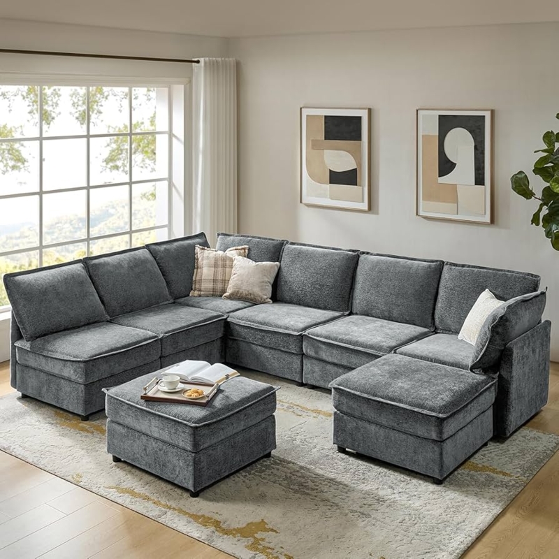 U-Shaped Sectional Sofa Modular Chenille with Matching Ottoman