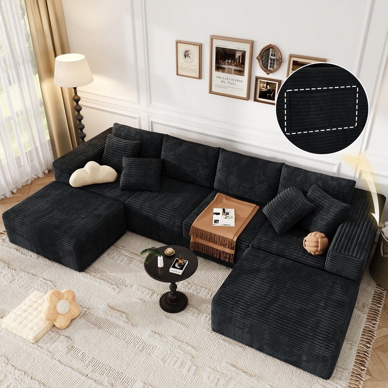 U-Shaped Sectional Sofa, Off-White Ribbed Corduroy, Deep Seating.